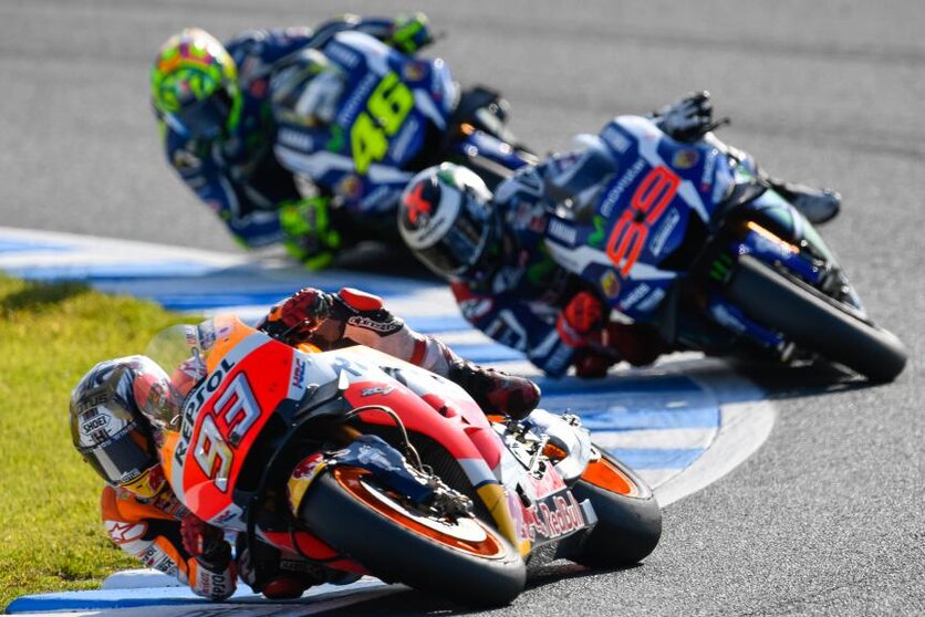 Marc Márquez, Jorge Lorenzo y Valentino Rossi | Foto: Moto GP